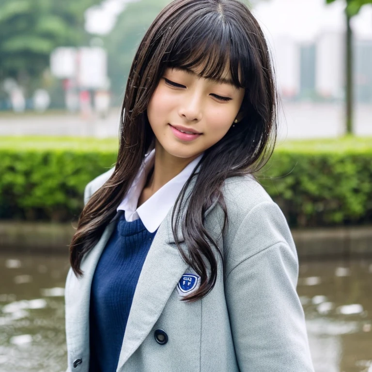 An ultra-high picture quality、Perfect Photo、japanes、Japanese female model、ars、a beauty girl、indoor white background、fullllbody、Full body like、Narrow-eyed、large mouth、((((eye closed))))、the wind、The upper part of the body、Wet hair、Blazer with school uniform patch、worry、hard、looking downwards、Getting wet in the rain、sodden、get angry、dislike、Drenched hair、rainy day、a short bob、Bathing in the rain、Pouring rain、No umbrella、