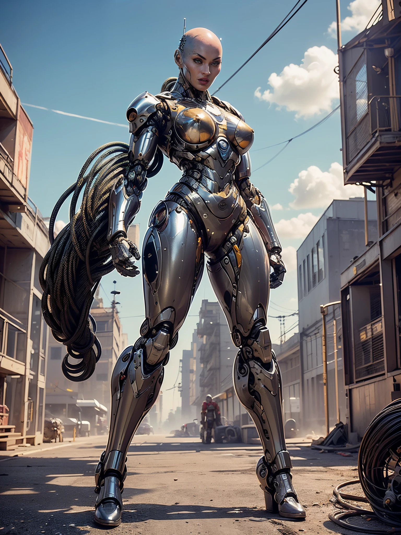 (beautiful muscular female cyborg:1.25), (megan-fox:1.5), (full body pose), (metallic muscular armor:1.5), (no hair), (bald head covered in cables:1.5), (robotic mechanical physique:1.5), (super muscular female cyborg:1.5), (covered in cables and mechanical muscles:1.5), (android muscular anatomy:1.5), (perfect fingers:1.25),(8k, RAW photo, photorealistic:1.25), sci fi atmosphere, futuristic dystopia, alien landscape,