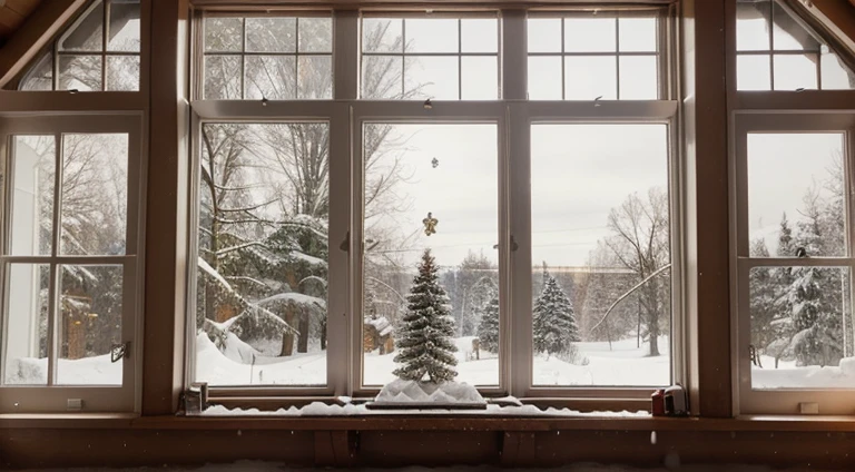 Create a Christmas wallpaper with snowy windows and a fireplace