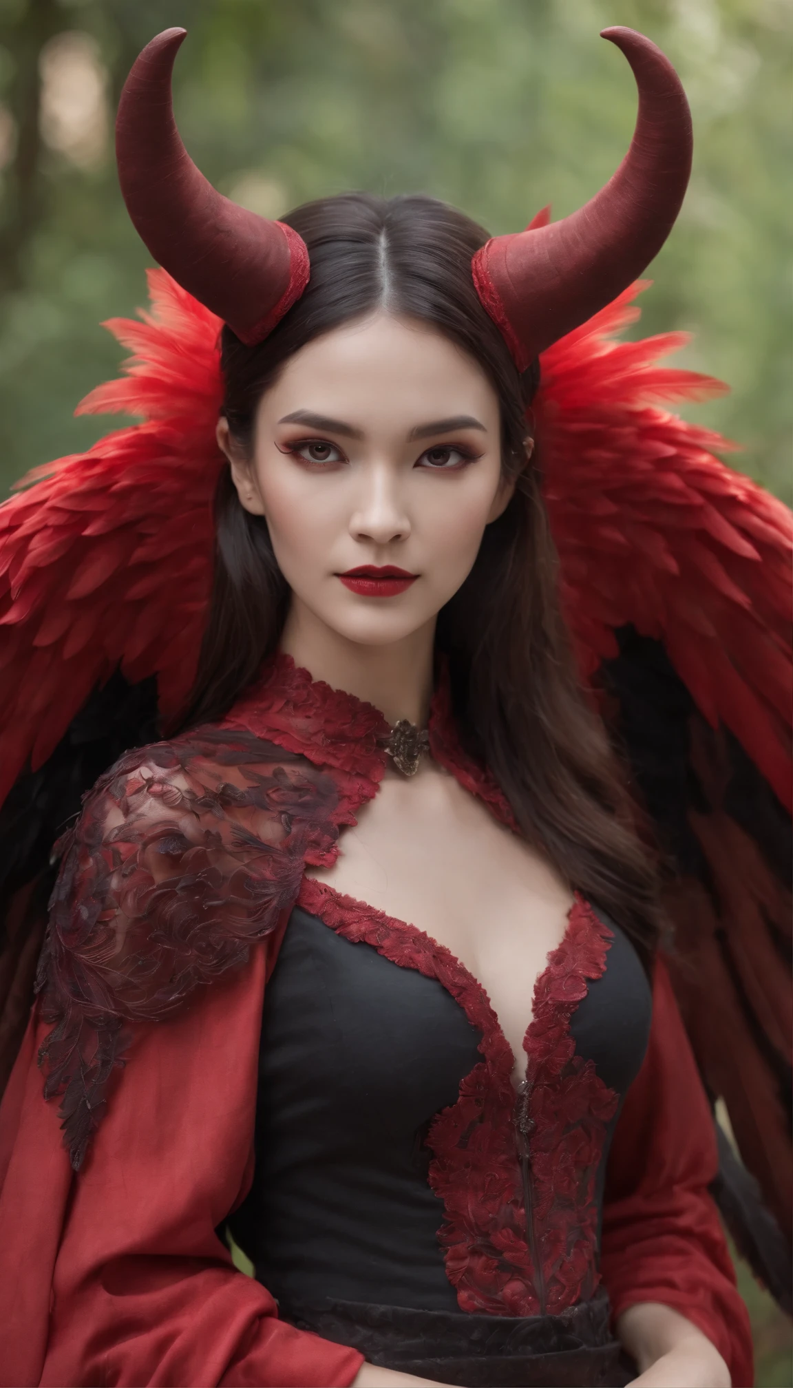 Generate images of demons with crimson wings. Give this image a captivating aura and powerful feather movement. Next, Add a devil's dress designed to emphasize the lines of the body, With feather accents to create a dark and mysterious atmosphere. reeds, Combine accessories with black or dark red headpieces, Crimson Gemstone Necklace、Matching rings and earrings. Finally, Add dark tone makeup and red or black eyeshadow、Complete the atmosphere of the devil.