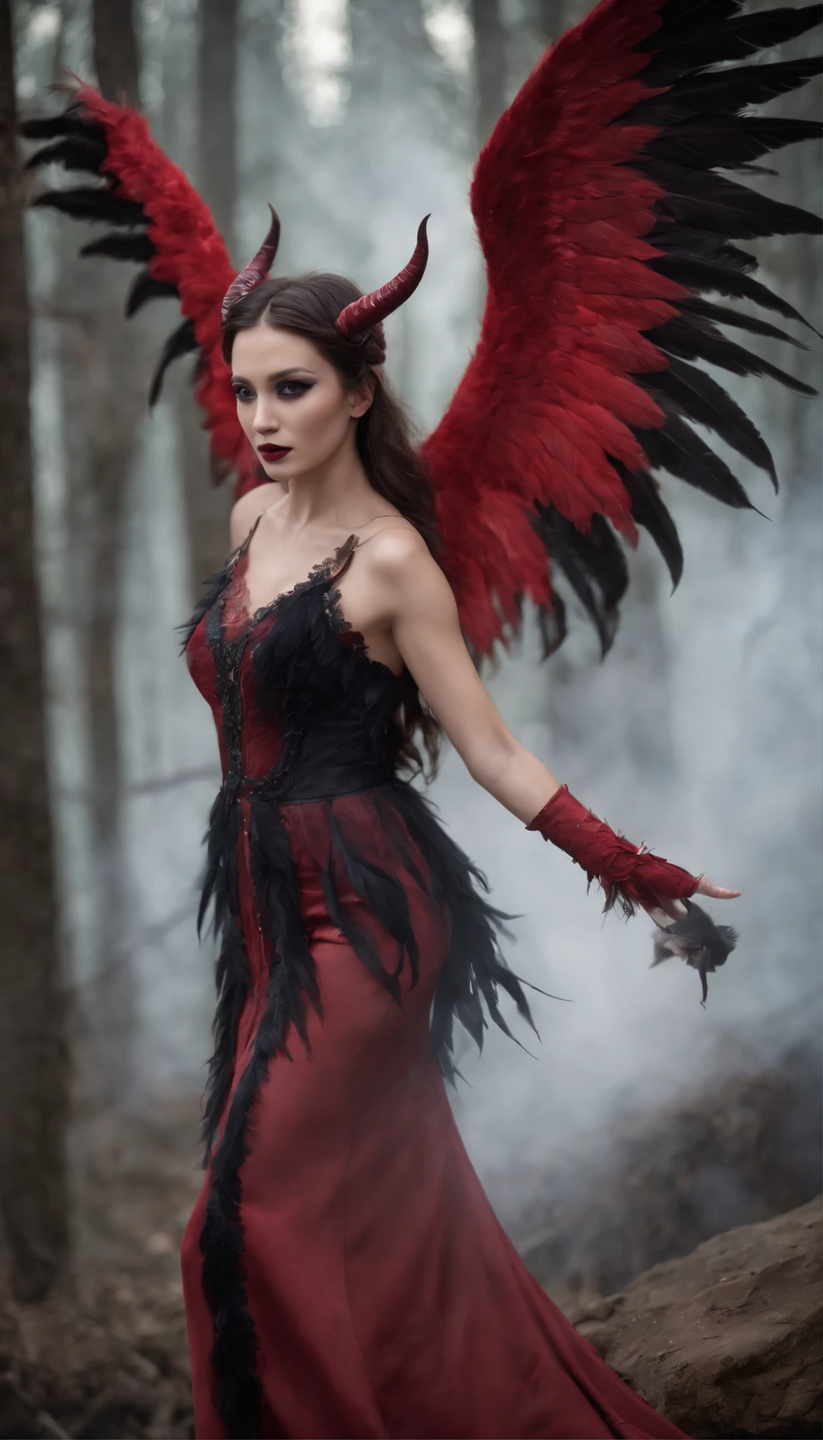Generate images of demons with crimson wings. Give this image a captivating aura and powerful feather movement. Next, Add a devil's dress designed to emphasize the lines of the body, With feather accents to create a dark and mysterious atmosphere. reeds, Combine accessories with black or dark red headpieces, Crimson Gemstone Necklace、Matching rings and earrings. Finally, Add dark tone makeup and red or black eyeshadow、Complete the atmosphere of the devil.