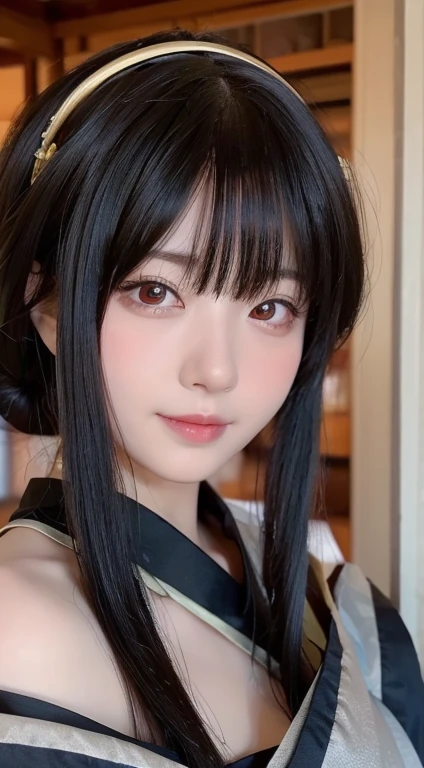 girl with black hair and red eyes in a red dress, rin tohsaka, a cute girl, beautiful girl style, realistic person, small waist, big breasts