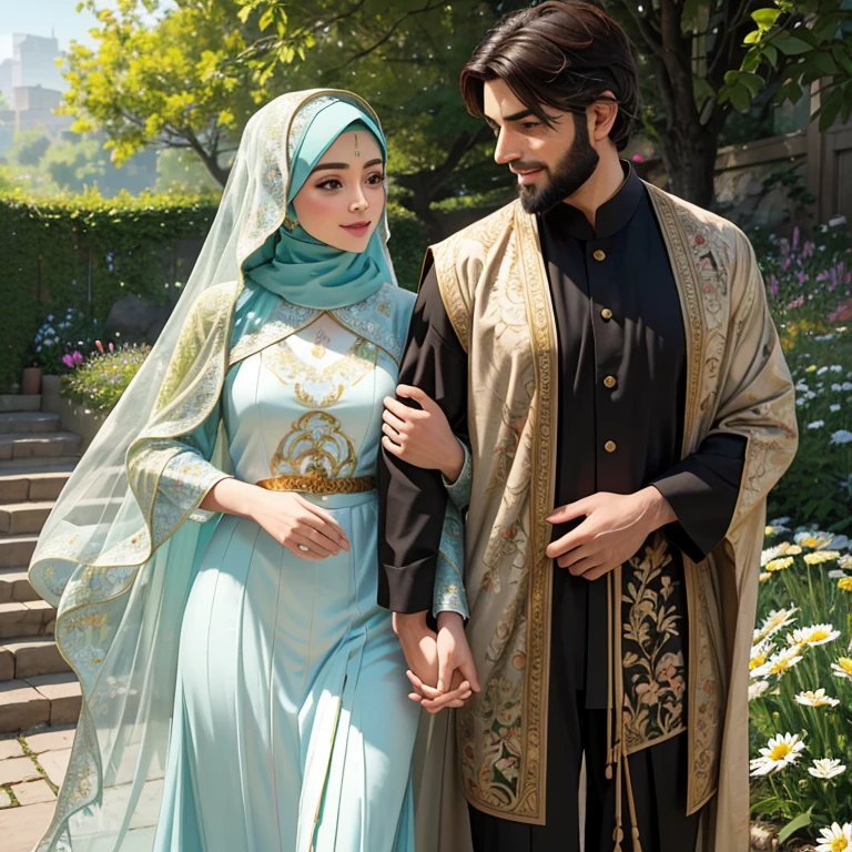 "A Muslim couple with green and brown eyes, a bearded man, and a hijabi girl. They are depicted in a garden with vibrant flowers and lush greenery. The man is wearing a traditional white thobe, while the woman is dressed in a beautiful patterned hijab and flowing dress. They are standing close together, holding hands and sharing a warm smile. The sunlight gently illuminates their faces, highlighting their radiant and content expressions. The garden is filled with colorful blossoms, including roses, tulips, and daisies, creating a picturesque backdrop. The scene exudes a sense of love, peace, and unity. The artwork is created using oil painting techniques, adding depth and texture to the overall composition. The colors are vivid and vibrant, with warm earth tones and soft pastels dominating the palette. The artwork is of the highest quality and resolution, with ultra-detailed brushwork and sharp focus. The final output is a masterpiece that captures the beauty of the couple and their surroundings. It portrays a moment of love, connection, and faith."
