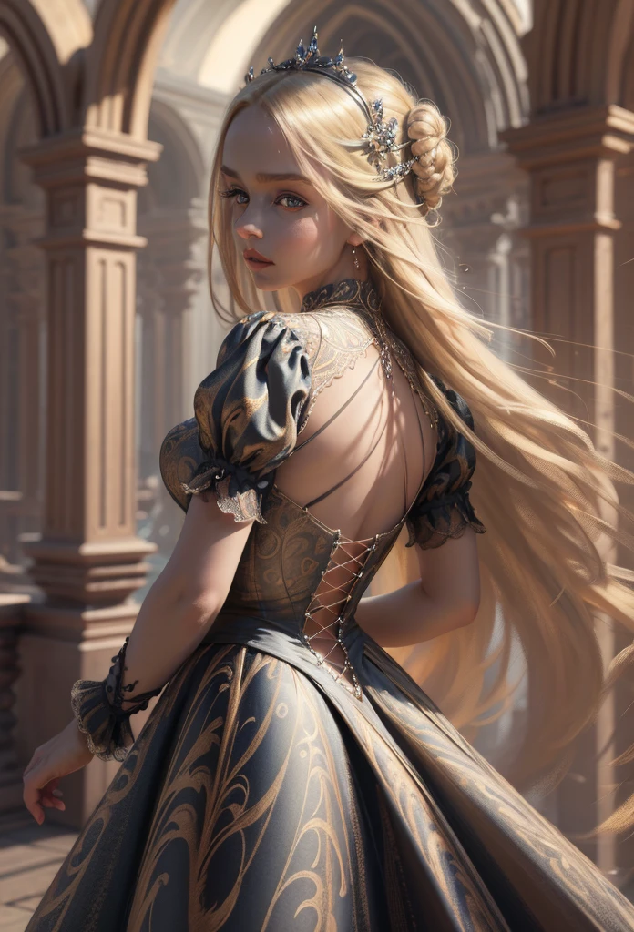 (Masterpiece - Ultra-Detailed, High Resolution) Prepare to be enchanted by a true masterpiece that combines ultra-detailed art with high-resolution rendering. This work shows a mesmerizing girl with long blonde hair (1.3) and captivating light brown eyes (1.2), emanating an aura of elegance and mystery. The intricate details and realistic textures invite you to explore every aspect of this enchanting composition. Girl wearing classic Victorian costumes. Dancing lightly, looking back. Get ready to dive into a world where beauty and craftsmanship merge perfectly.