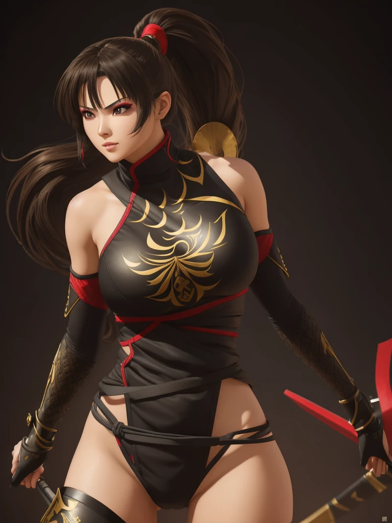 sango as female warrior ninja|kunoichi, long dark brown hair, girly accessories, makeup, thick lips, toned physique, slender, slim, fit body, skintight black battlesuit with intricate gold decals, modest curves, perfect body, ponytail, gyaru hair ribbon, in action, sculpted thighs, wide hips, cinched midriff, flat color, high contrast, ultra-detailed, high res, ultra fine sharp details, 8K, full body masterpiece, best quality, highres, masterpiece, absurdres, visible pretty brushwork, watercolor, detailed face, detailed eyes, detailed body