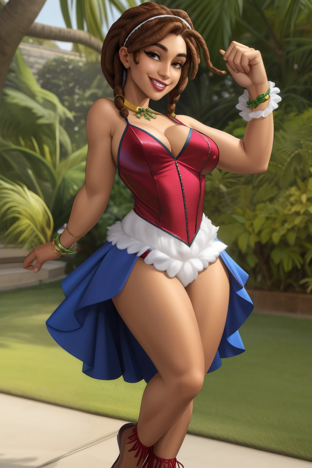 Morena, mulher fantasiada, fantasia de Natal, Papai Noel, sensualidade sexy, bissexual, seios, wearing goggles, caminhando, em uma cidade movimentada, imagem de corpo inteiro, cabelo afro caindo para frente, dreadlock type but braided, com seios lindos, perfect body with wide thighs is a beautiful woman, com seios lindos, corpo perfeito, coxa larga, A destination with sexual expression is beautiful, pose sexual, erotic woman Araffe dressed in a flapper costume, alta qualidade de fantasia, anos 20, decade, celebration costume, idade do jazz, fantasia, fantasia de joias, roupas estilo tecido, fantasia de natal