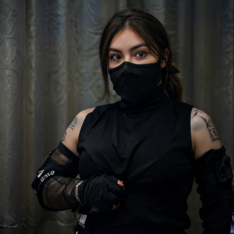 A chubby brown haired blue eyed woman wearing all black tactical and a black face mask only covering her mouth and nose. With a cool spider sleeve tattoo. Holding an assault rifle