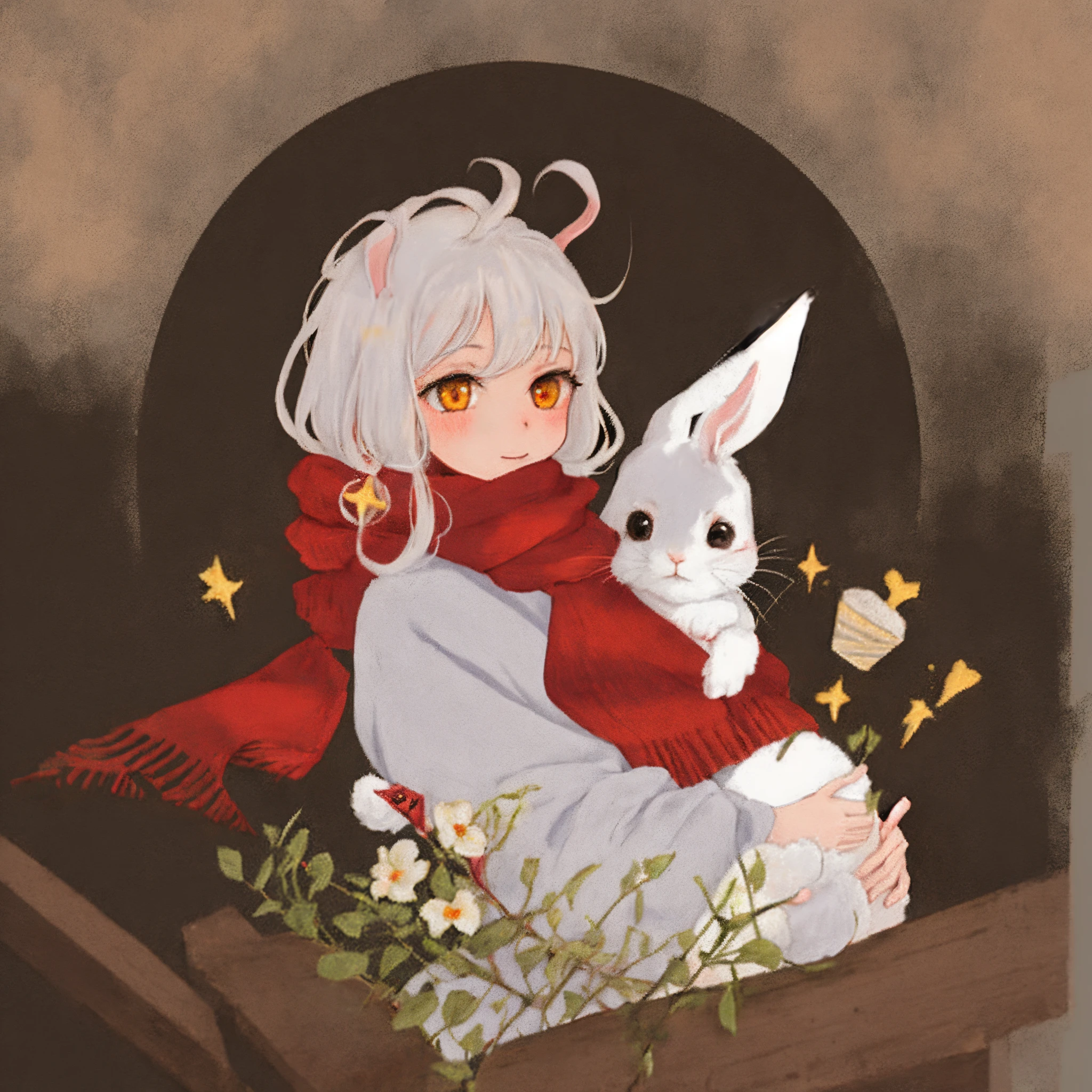 a white rabbit with a small nose and a red scarf, white rabbit, rabbit_bunny, rabbit, the white rabbit, rabbt_character, electrixbunny, cute adorable bunny, anthropomorphic rabbit, bunnypunk, bunny, illustrated rabbit, girly bunny, a hopeful rabbit, by Maki Haku, lagus the thief bunny