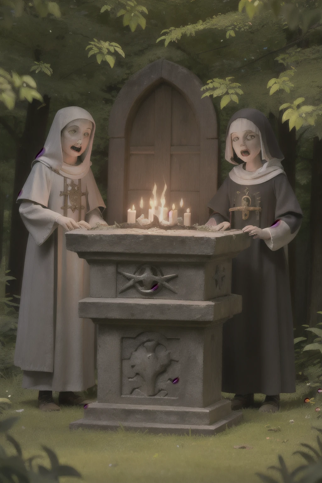 medieval satanic altar in the woods, horror, cult, worshipers