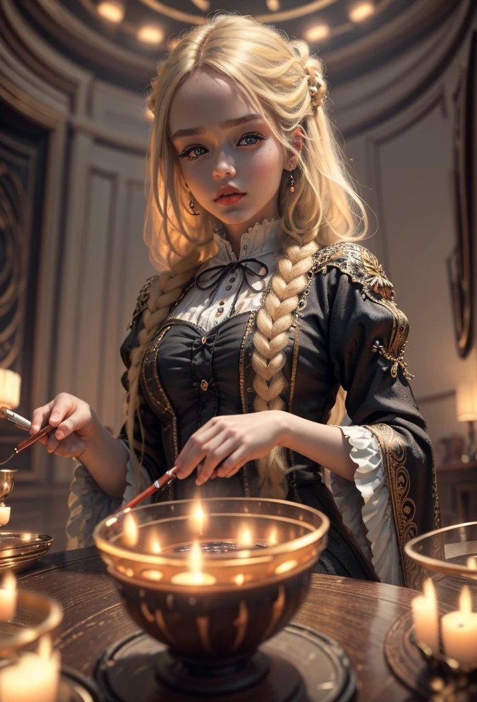 (Masterpiece - Ultra-Detailed, High Resolution) Prepare to be enchanted by a true masterpiece that combines ultra-detailed art with high-resolution rendering. This work shows a mesmerizing girl with long blonde hair (1.3) and captivating light brown eyes (1.2), emanating an aura of elegance and mystery. The intricate details and realistic textures invite you to explore every aspect of this enchanting composition. Girl wearing classic Victorian costumes. smoking a thin cigarette. Red lips. Get ready to dive into a world where beauty and craftsmanship merge perfectly.