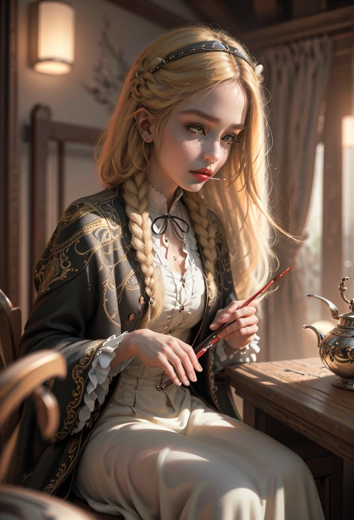 (Masterpiece - Ultra-Detailed, High Resolution) Prepare to be enchanted by a true masterpiece that combines ultra-detailed art with high-resolution rendering. This work shows a mesmerizing girl with long blonde hair (1.3) and captivating light brown eyes (1.2), emanating an aura of elegance and mystery. The intricate details and realistic textures invite you to explore every aspect of this enchanting composition. Girl wearing classic Victorian costumes. smoking a thin cigarette. Red lips. Get ready to dive into a world where beauty and craftsmanship merge perfectly.