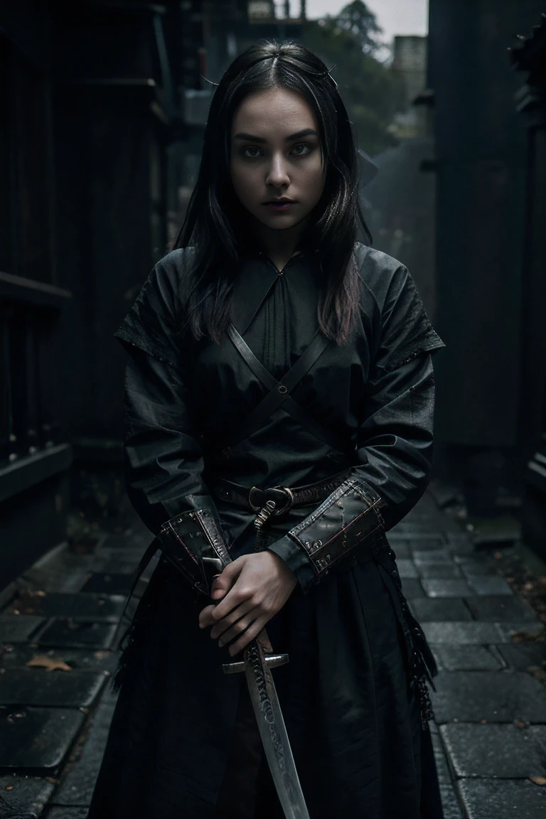 Photographic quality, capture the composition of a female samurai (face AnnaSophia Robb) (Gothic Slavic girl) With a sword (katana) in hands and black gothic outfit, pointing sword(katana) on the enemy. hold the sword with both hands,Dark and ruthless hard - boiled style, Michelangelo, digital illustration art & Pen Tablet, Dark & Cold light —v 5.2,(Black Style),menacing pose, holds the handle of the katana firmly with both hands, Ferocious view,