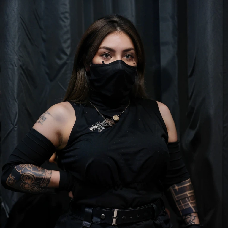 A chubby brown haired blue eyed woman wearing all black tactical and a black face mask only covering her mouth and nose. With a cool spider arm tattoo. Holding an assault rifle