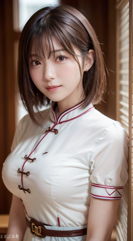 top-quality,masterpiece:1.3,超A high resolution,),(ultra-detailliert,Caustics),(Photorealsitic:1.4,RAW shooting,)Ultra-realistic capture,A highly detailed,High resolution 16K human skin close-up。 Natural skin texture、,The pores are、Must be detailed enough to be easy to identify。 Skin should look healthy with even tones。 Use natural light and color,cheongsam uniform:1,3),1人,japanes,18year old,kawaii,A dark-haired,Middle hair,(large boob:1.2),smil,Turn your body to the front,(front-facing view:1.2),Looking at the camera,FULL BODYSHOT:1.1,Gaze,boob focused:1.1,Chest close-up:1.1