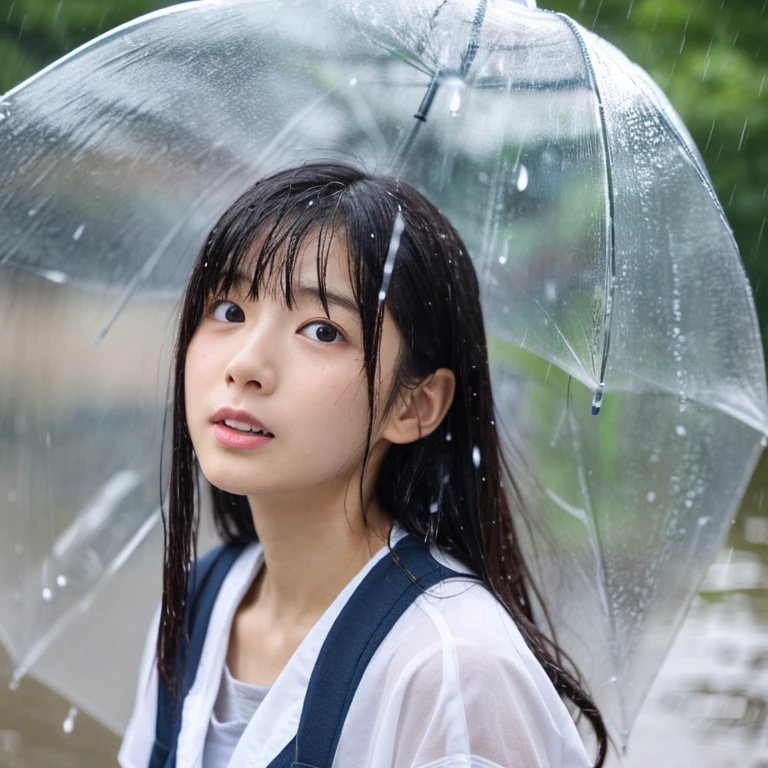 An ultra-high picture quality、Perfect Photo、japanes、Japanese female model、 student、a beauty girl、indoor white background、Narrow-eyed、large mouth、the wind、only face、Wet hair、Wet face、student clothes、worry、looking downwards、Getting wet in the rain、sodden、get angry、dislike、Drenched hair、rainy day、a short bob、Bathing in the rain、Pouring rain、((((No umbrella))))、