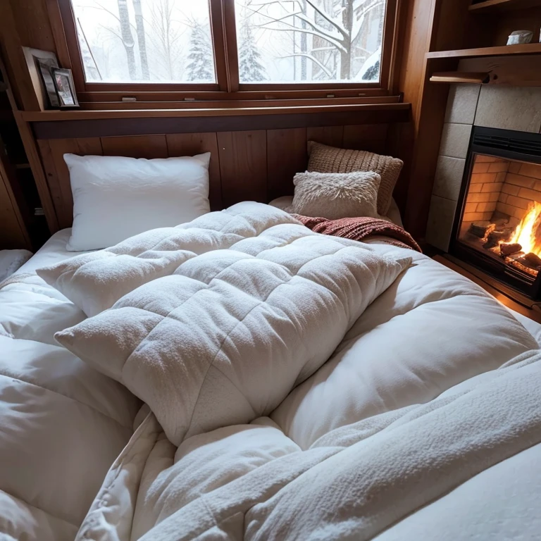 Warm room，Burning fireplace，Heavy snow outside the window，Warm quilt