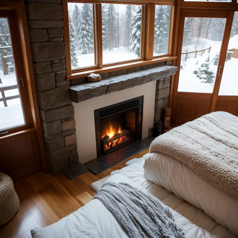 Warm room，Burning fireplace，Heavy snow outside the window，Warm quilt