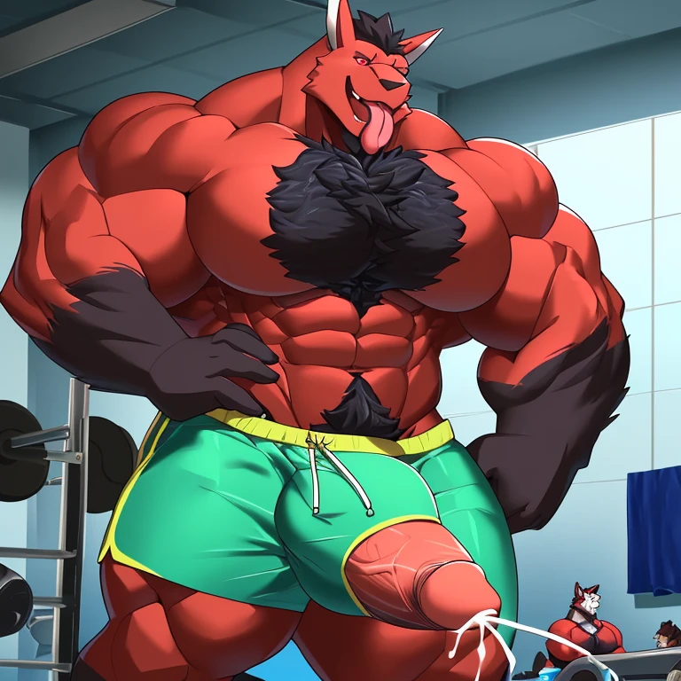 Alone,male people, (((Muscular, many muscles, humongous large breast, strong, Huge big breasts, immensity, biceps, chest muscle))), Eternal, werecreature, Abdomen black,red colored skin,white horns,snake like tongue,lewd eyes,Huge amounts of pubic,((Raise your left leg,Exposing black flesh pads,Pad facing forward)),large bulge, swim trunks,Huge biceps, large pecs, strong, humongous large breast, Wide, thick, gym room,convex, Detailed crotch,Hairy underarms,sexy for,Rendering meat pad,Nice meat pad,macro,immensity,(((Swimming trunks exploded))),((Support the chest muscles with both hands)),((Detailed erection 2.0)),Stick out your tongue,gasps,((Detailed erection outline 3.3)),Eyes on love,((Detailed erection ejaculating milk)),perspire,((breast milking)),(((Two 4-meter-long penises protruding from the swimming trunks are detailed)))