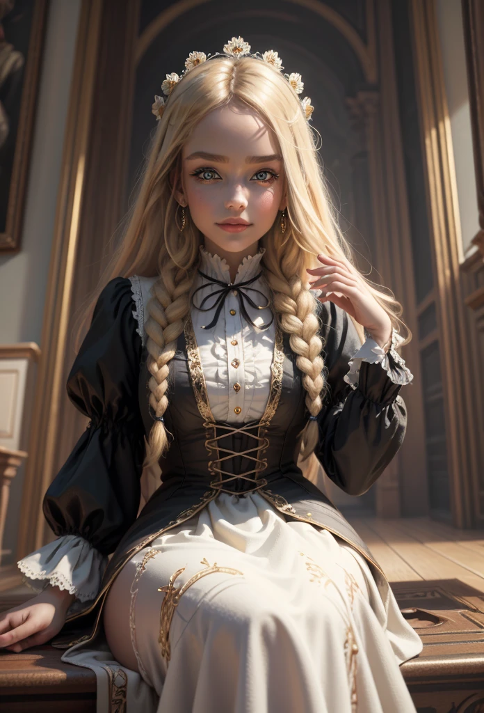 (Masterpiece - Ultra-Detailed, High Resolution) Prepare to be enchanted by a true masterpiece that combines ultra-detailed art with high-resolution rendering. This work shows a mesmerizing girl with long blonde hair (1.3) and captivating light brown eyes (1.2), emanating an aura of elegance and mystery. The intricate details and realistic textures invite you to explore every aspect of this enchanting composition. Girl wearing classic Victorian costumes. Sitting on the floor. smiling, happy, cheerful. Get ready to dive into a world where beauty and craftsmanship merge perfectly.