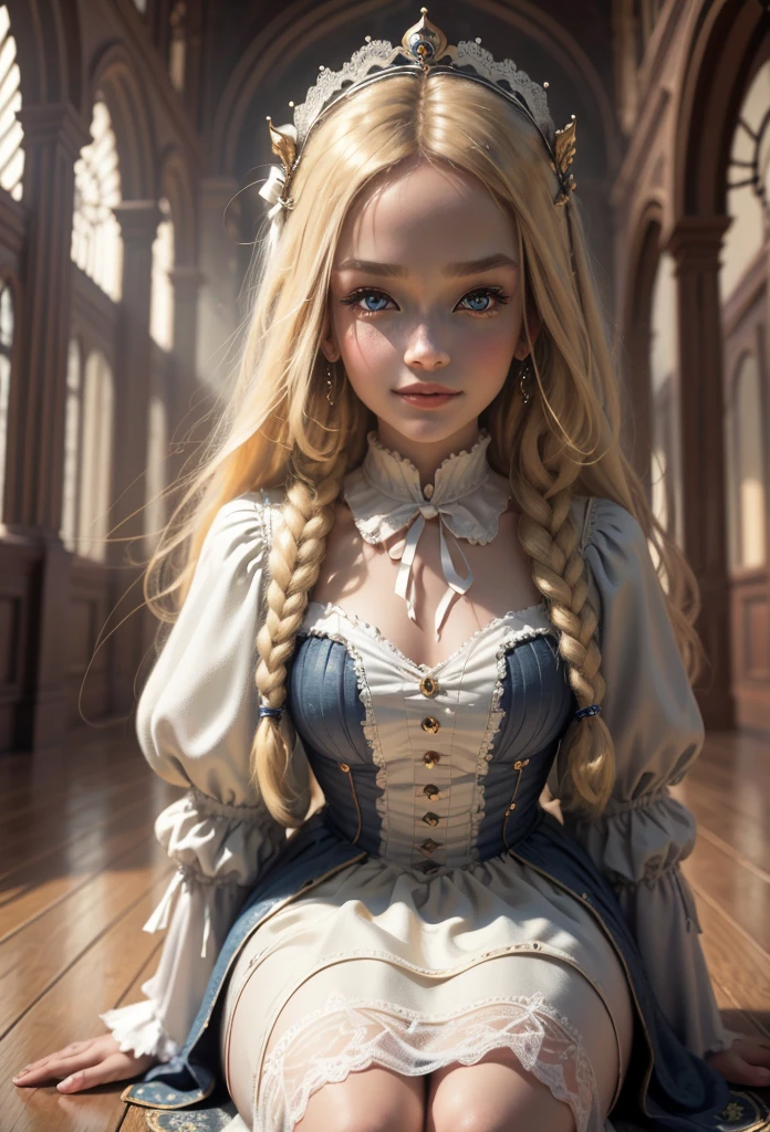 (Masterpiece - Ultra-Detailed, High Resolution) Prepare to be enchanted by a true masterpiece that combines ultra-detailed art with high-resolution rendering. This work shows a mesmerizing girl with long blonde hair (1.3) and captivating light brown eyes (1.2), emanating an aura of elegance and mystery. The intricate details and realistic textures invite you to explore every aspect of this enchanting composition. Girl wearing classic Victorian costumes. Sitting on the floor. smiling, happy, cheerful. Get ready to dive into a world where beauty and craftsmanship merge perfectly.