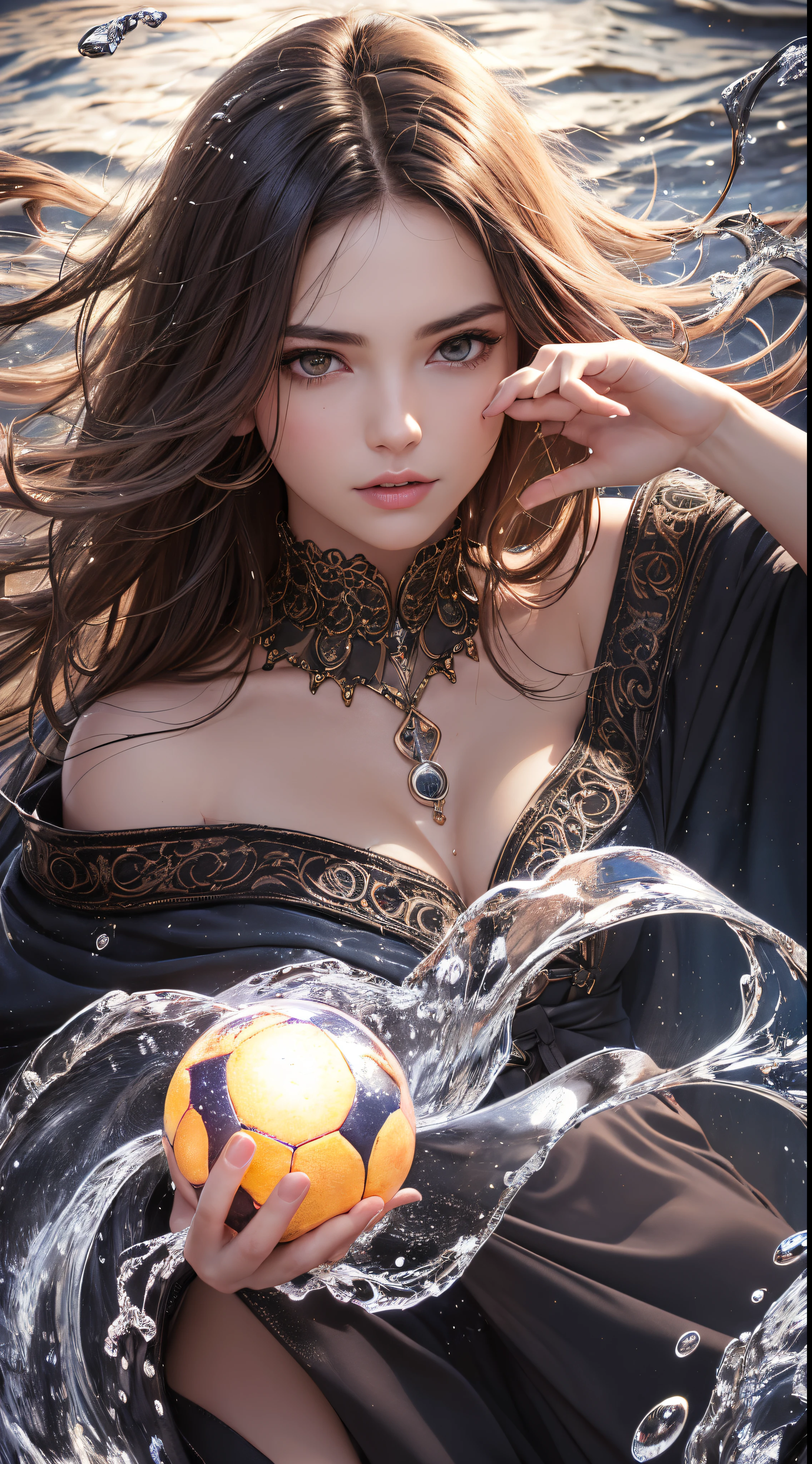 (Skindentation:1.5), Realistic, Photorealistic, (masutepiece:1.5), Concept art, Intricate details, Highly detailed, Photorealistic, Octane Render, 8K, Unreal Engine, Dynamic Pose, Best Quality, hight resolution, (Realistic face:1.1), (hyper realisitic:1.1), ((full_Body)), Perfect eyes,(Shiny skin:1.2), (((Hairstyle))), (((Perfect hand highly detailed background), Haunted Island, ((dynamic background)), ((Lightning)), (llight rays), (1girl in), wearing cloak, (((flowing cloak))), ((Detailed eyes, high quality eyes, face with high quality)), Long hair, (((Flowing hairstyle))), 1girl in ((controlling water)), (((whirlwind of water))), ocean, Tsunami, Magic, (creates a dramatic, depth of fields, Bokeh, 4K, Gothic, ((Sateen)), energy ball between hands