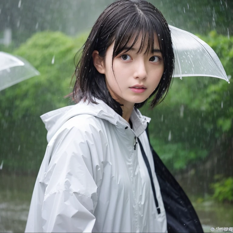 An ultra-high picture quality、Perfect Photo、japanes、Japanese female model、 student、a beauty girl、indoor white background、Narrow-eyed、large mouth、the wind、only face、Wet hair、Wet face、student clothes、worry、looking downwards、Getting wet in the rain、sodden、get angry、dislike、Drenched hair、rainy day、a short bob、Bathing in the rain、Pouring rain、