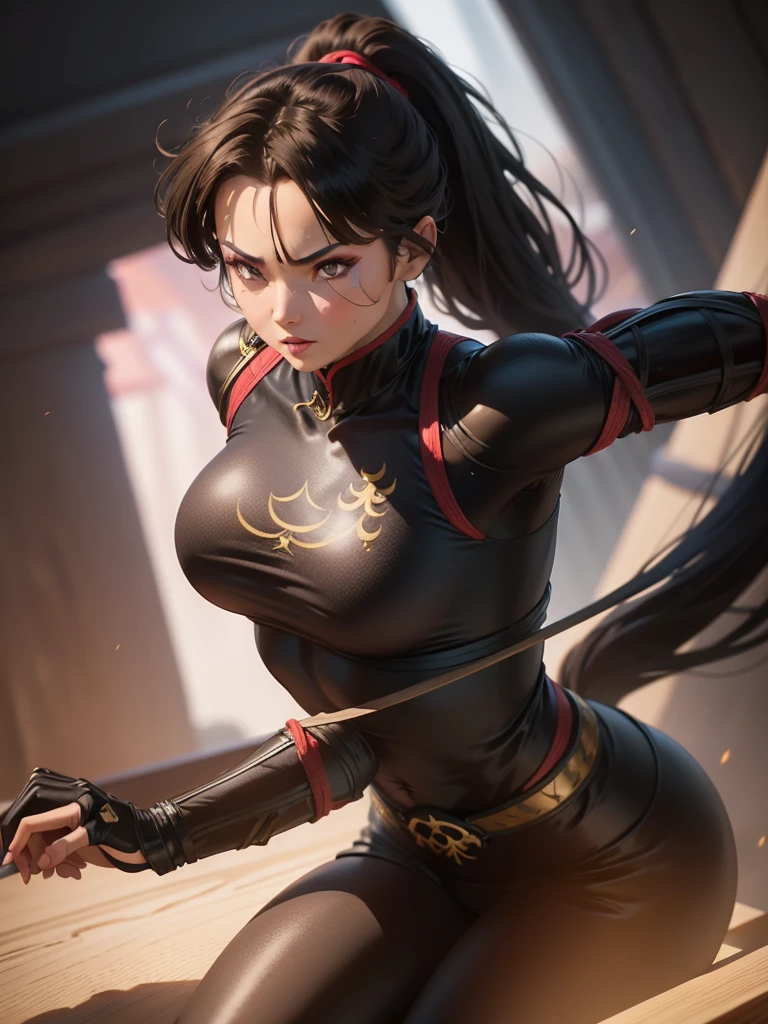 sango as female warrior ninja|kunoichi, long dark brown hair, girly accessories, makeup, thick lips, toned physique, slender, slim, fit body, skintight black battlesuit with intricate gold decals, modest curves, perfect body, ponytail, gyaru hair ribbon, in action, sculpted thighs, wide hips, cinched midriff, flat color, high contrast, ultra-detailed, high res, ultra fine sharp details, 8K, full body masterpiece, best quality, highres, masterpiece, absurdres, visible pretty brushwork, watercolor, detailed face, detailed eyes, detailed body