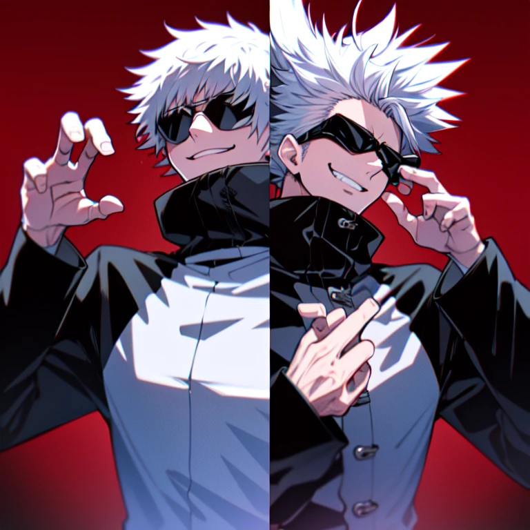 (Masterpiece:1.3),(Best Quality:1.2),8K,absurdress,Unity 8K WallPapper,(Extremely detailed:1.3),supreme,hight resolution,Amazing,illustartion,Beautiful studio soft light,Stunningly beautiful,incredibly absurdres,Vivid details,Cinematic lighting,moody lighting,pixiv,Award-winning, Professional, Highly detailed, Gojo1, 独奏, looking a viewer, Smile, Short hair, long sleeves, 1boy, closed mouth, Standing, jacket, upper-body, white colored hair, male focus, Hand Up, grin, black jacket, Sunglasses, spiked hair, facing viewer, (red background:1.1), high collar, blindfold, (Magic:1.3), (aura:1.3), covered eyes,