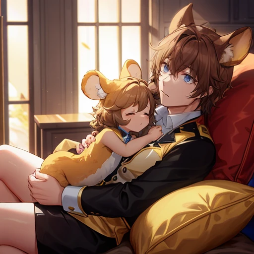 Mouse girl, Gold hair, gold fur, golden girl, mouse ears, pure gold mouse sleeps in a brown-haired man's lap, highest quality, high res, masterpiece, mature man