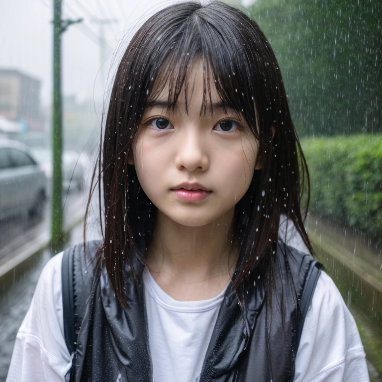 An ultra-high picture quality、Perfect Photo、japanes、Japanese female model、15yo student、a beauty girl、indoor white background、Narrow-eyed、large mouth、the wind、only face、Wet hair、Wet face、student clothes、worry、looking downwards、Getting wet in the rain、sodden、get angry、dislike、Drenched hair、rainy day、a short bob、Bathing in the rain、Pouring rain、