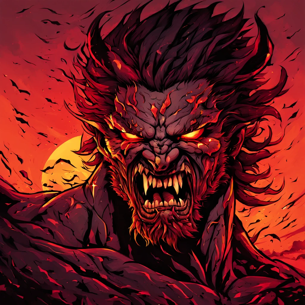A warrior consumed by anger transforming into a beast with fangs of rage at sunset, in messo tint art style