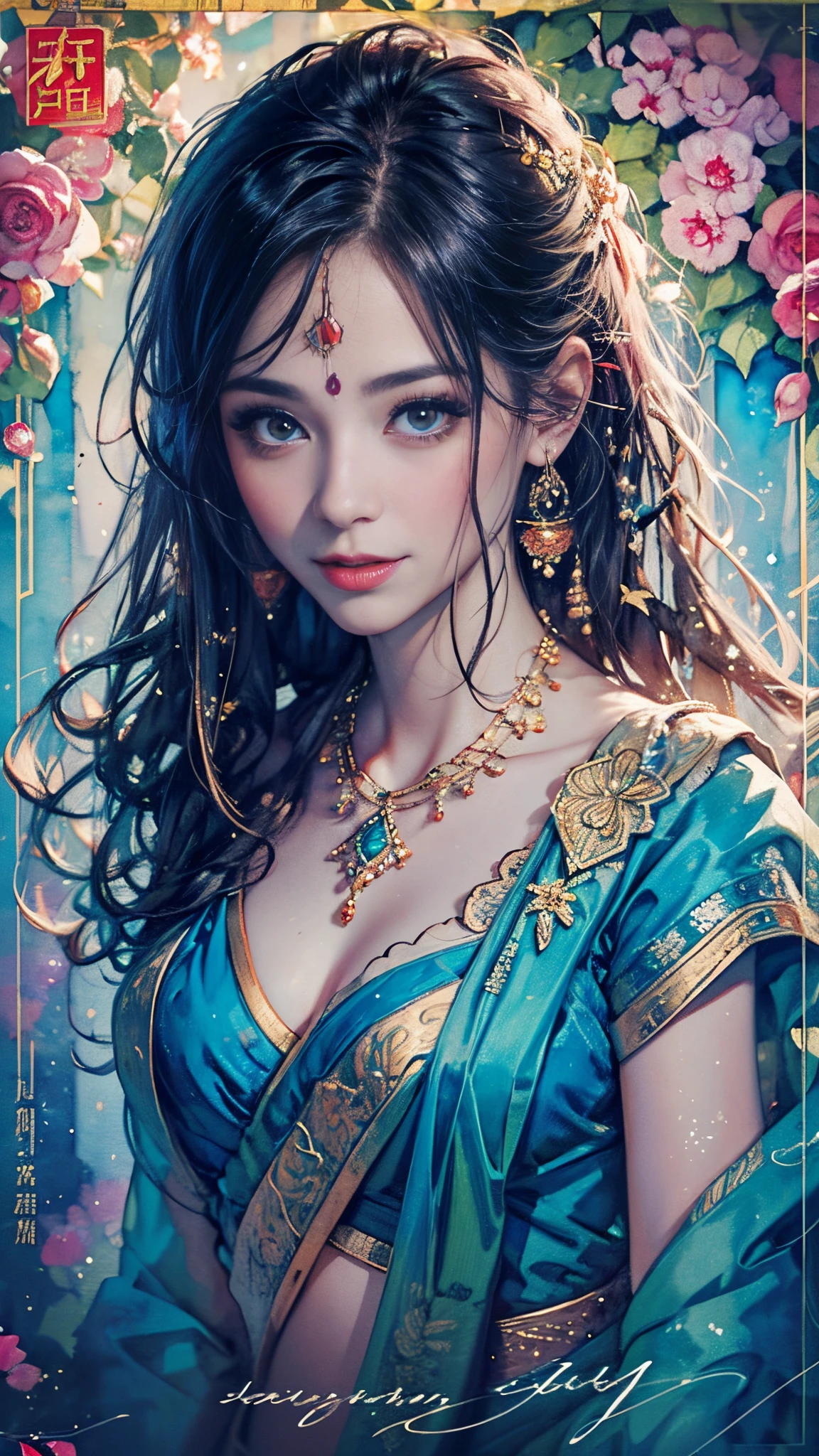 8K,​masterpiece,top-quality ,Dynamic Pose,Castles in China,Beautiful woman at 30 years old,Portrait, light, Long hair, ssmile, watercolor paitingium\),watercolor paiting,(Sari that clings to the body:1.3)