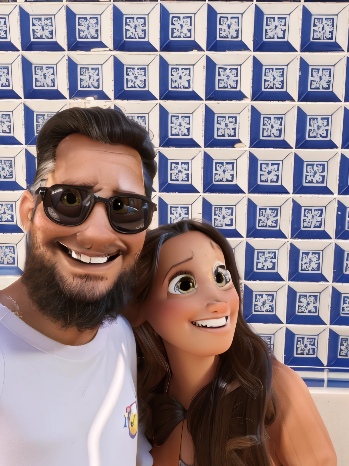 There are two people on a balcony with a mountain in the background, com montanhas ao fundo, com montanhas no fundo. casal apaixonado, He's wearing a white shirt and black pants, She's wearing a white shirt and orange pants, ele com uma leve barba. No modo Pixar