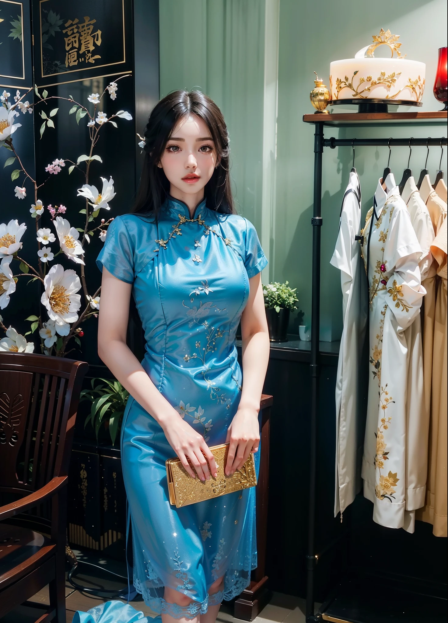 Imperial sister，A detailed eye，Detailed facial expressions，Ripe body，Tall figure，the number，legs long，4K，k hd，fleshy feeling，White translucent lace，Fair and plump figure，Nice face，Cherry small mouth，beautiful and delicious（3D royal sister)，Gorgeous dress encrusted with gemstones crystal gold diamonds，on cheongsam