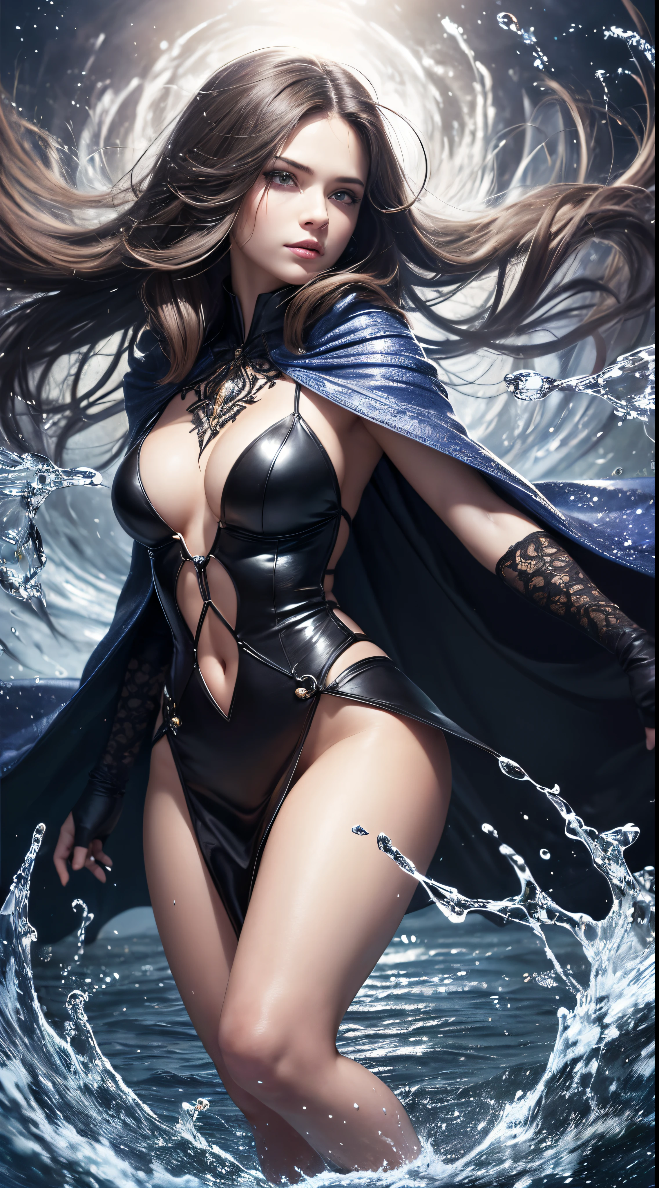 (Skindentation:1.5), Realistic, Photorealistic, (masutepiece:1.5), Concept art, Intricate details, Highly detailed, Photorealistic, Octane Render, 8K, Unreal Engine, Dynamic Pose, Best Quality, hight resolution, (Realistic face:1.1), (hyper realisitic:1.1), ((full_Body)), Perfect eyes,(Shiny skin:1.2), (((Hairstyle))), (((Perfect hand highly detailed background), Haunted Island, ((dynamic background)), ((Lightning)), (llight rays), (1girl in), wearing cloak, (((flowing cloak))), ((Detailed eyes, high quality eyes, face with high quality)), Long hair, (((Flowing hairstyle))), 1girl in ((controlling water)), (((whirlwind of water))), ocean, Tsunami, Magic, (creates a dramatic, depth of fields, Bokeh, 4K, Gothic, ((Sateen)), energy ball between hands
