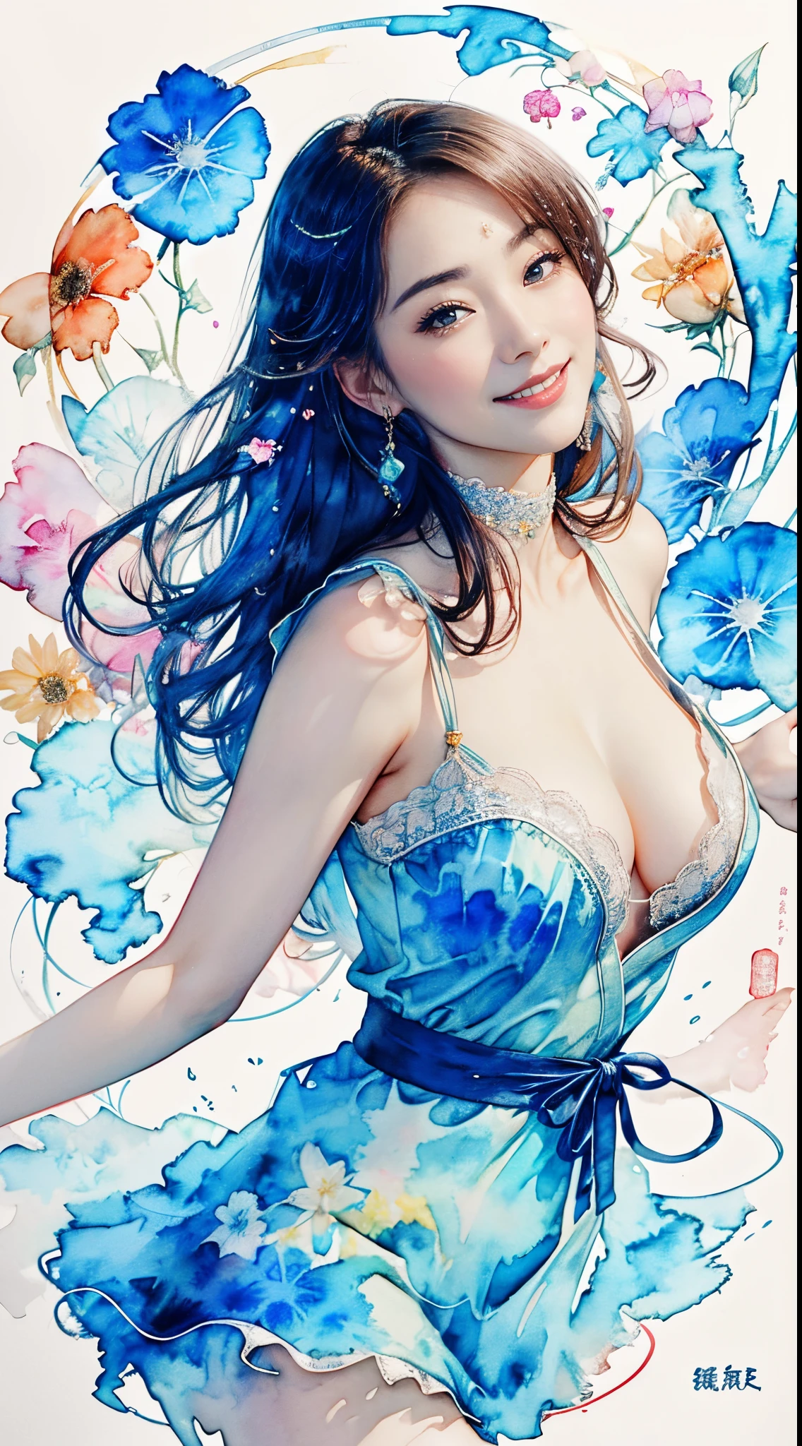 8K,masterpiece,top-quality,Dynamic Pose,beautiful woman with long hair,Smile:1.6, Flamenco Dresses, beautiful japanese female, Gorgeous Japan Girl,Pretty actress, girl cute-fine-face, Female actress,slim,Sexy,watercolor paitingium\)