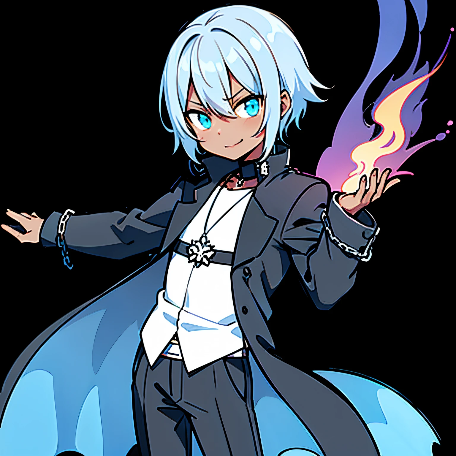 1Dark skinned young anime man, short side swept silver hair, fiery light blue eyes, fist in the air covered by blue fire, wearing a royal blue combat trench coat over a black muscle shirt with black slacks and a chain around his hip, a steel necklace with a glowing blue dragon pendant around his neck, with sleeves rolled up to his elbows and a cocky smile