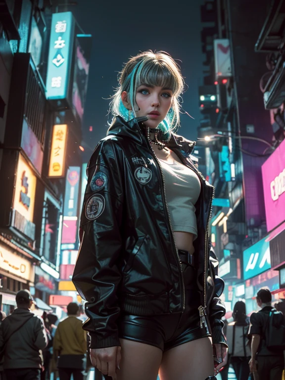 ((Stunning Anime illustration)), ((beautiful cybernetic Cyberpunk girl)), ((highly detailed face)), ((mechanical limb, mechanical vertebrae)), ((mechanical cervical attaching to neck)), (wires and cables attaching to neck:1.2), ((mass of wires and cables on head)), ((wearing colorful Harajuku tech jacket with logo)), ((dynamic pose)), (cowboy shot), (masterpiece), (((best quality))), ((ultra-detailed)), (highly detailed illustration), cinematic lighting, science fiction, extremely detailed,colorful,highest detail, (((cyberpunk city background, (Blade Runner), Harajuku district))), NSFW