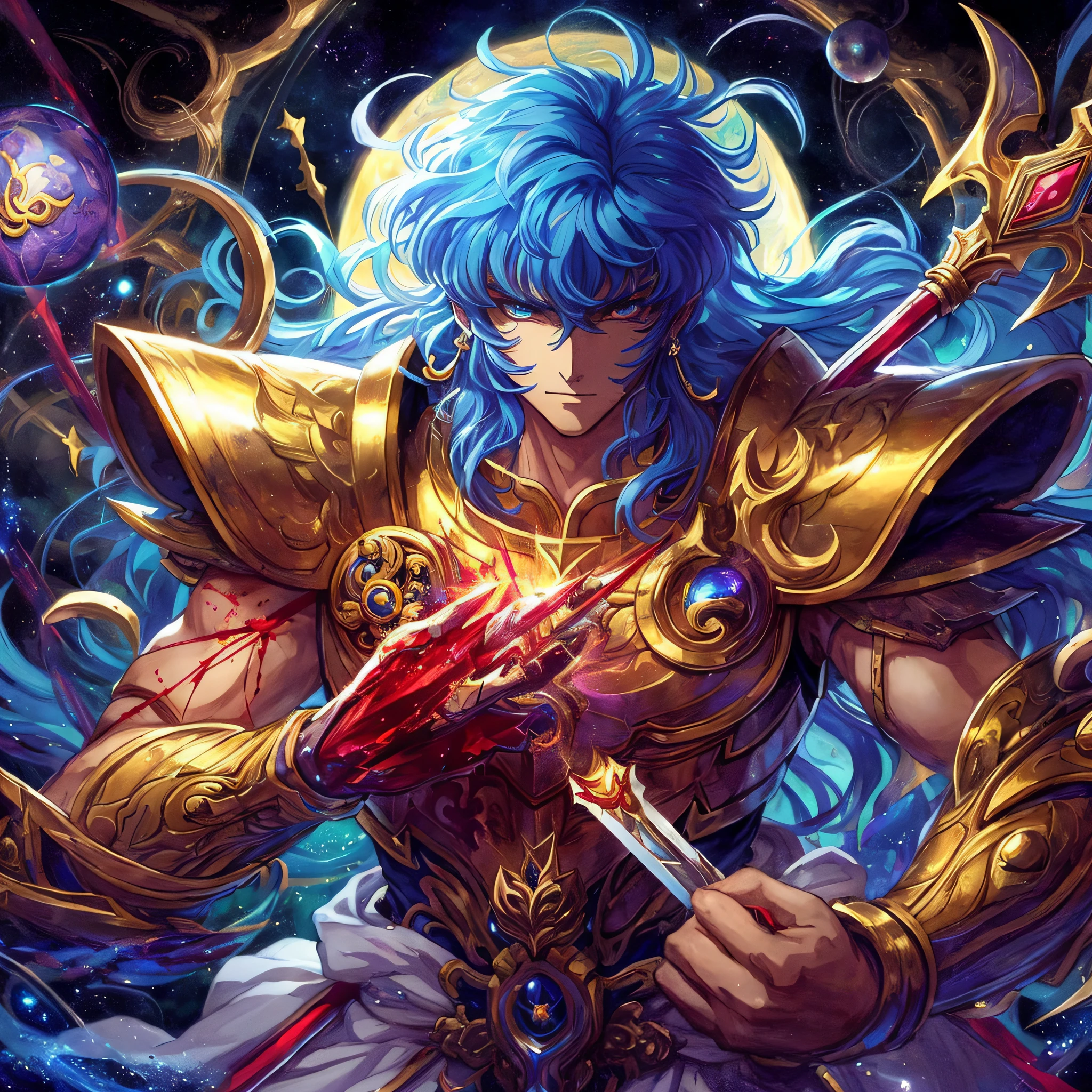 a woman with blue hair and a sword in her hands, Saint Seiya, portrait knights of zodiac girl, Deus da Lua, knights of zodiac girl, arte de fantasia de anime, Deus masculino bonito da morte, legendary god holding spear, anime fantasy illustration, arte de anime digital detalhada, arte detalhada do anime, Anime Art Nouveau Cosmic Display, arte chave detalhada do anime, Anime Art Wallpaper 8K