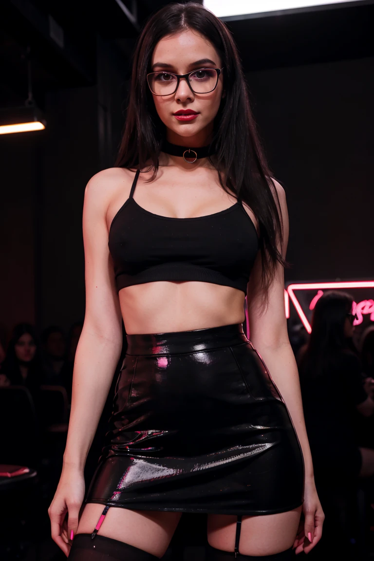 a sexy caucasian skinny nerdy girl glasses over-knee high socks high heels dance night club dancing on the dance floor neon lights dark red lipstick black mini skirt see thru no bra long black straight hair super realistic evening mood choker sexual tension