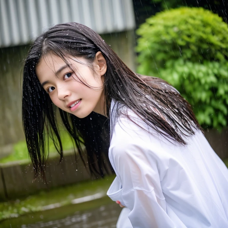 She looks up at the heavy rain sky、彼女は傘がないのでwhole bodyが雨で濡れている、My hair got wet in the heavy rain, face and clothes soaked through. Rain-soaked through face or dripping water masterpiece、超High resolution、well done!、She has a very pretty face and is young like an idol.々Has a good figure.18 year old Japanese female、Gentle and cute、A gentle smile wet with rain、 Show off your cleavage.、Breathe rain soaked through In the heavy rain、Looking up at the rainy sky on a sidewalk in a big city at noon. large size bust、whole body、Artistic、RAW Photos、Genuine、High resolution、Life、No copyright notice