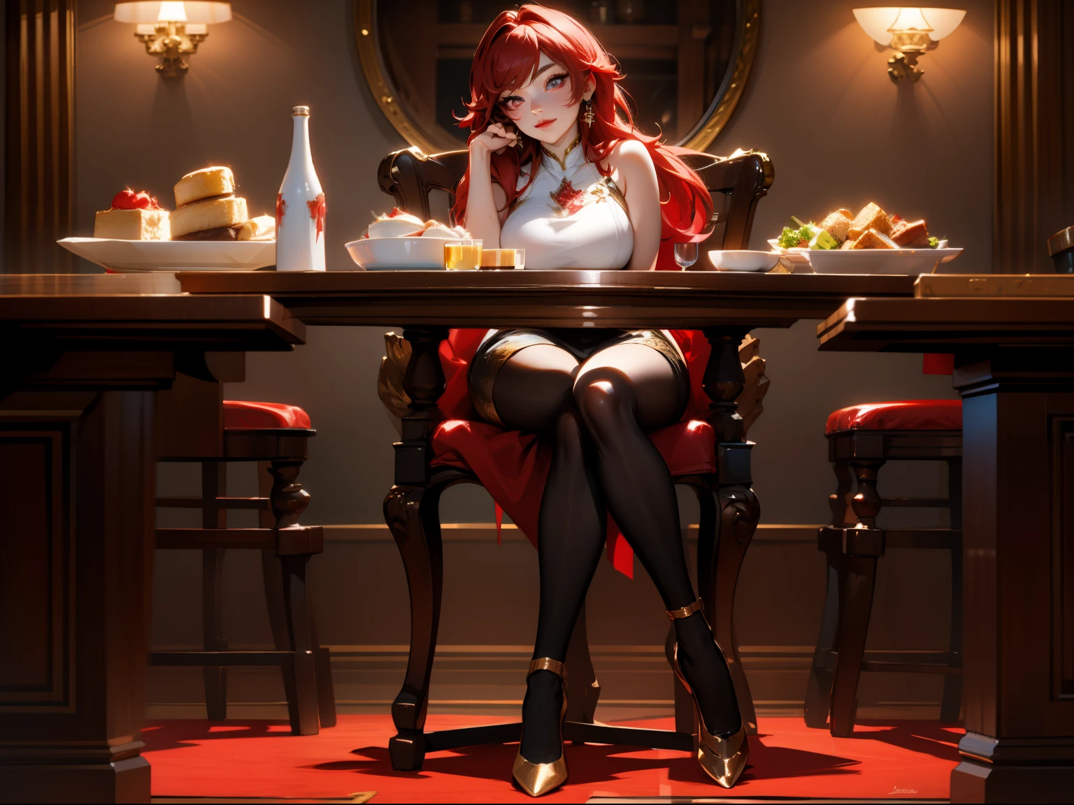 (highly detailed:1.3), 1girl, solo, (full body:1.2), sc_nyx, large breasts, light smile, red eyes, sitting, dinning table and chair, Ultra-detail, (highres:1.1), best quality, (masterpiece:1.3), cinematic lighting, (highly detailed face and eyes:1.3),