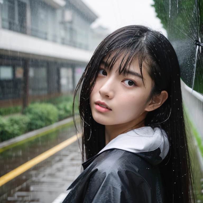 An ultra-high picture quality、Perfect Photo、japanes、Japanese female model、 student、a beauty girl、indoor white background、Narrow-eyed、large mouth、the wind、only face、Wet hair、Wet face、student clothes、worry、looking downwards、Getting wet in the rain、sodden、get angry、dislike、Drenched hair、rainy day、Hair tied back、Bathing in the rain、Pouring rain、