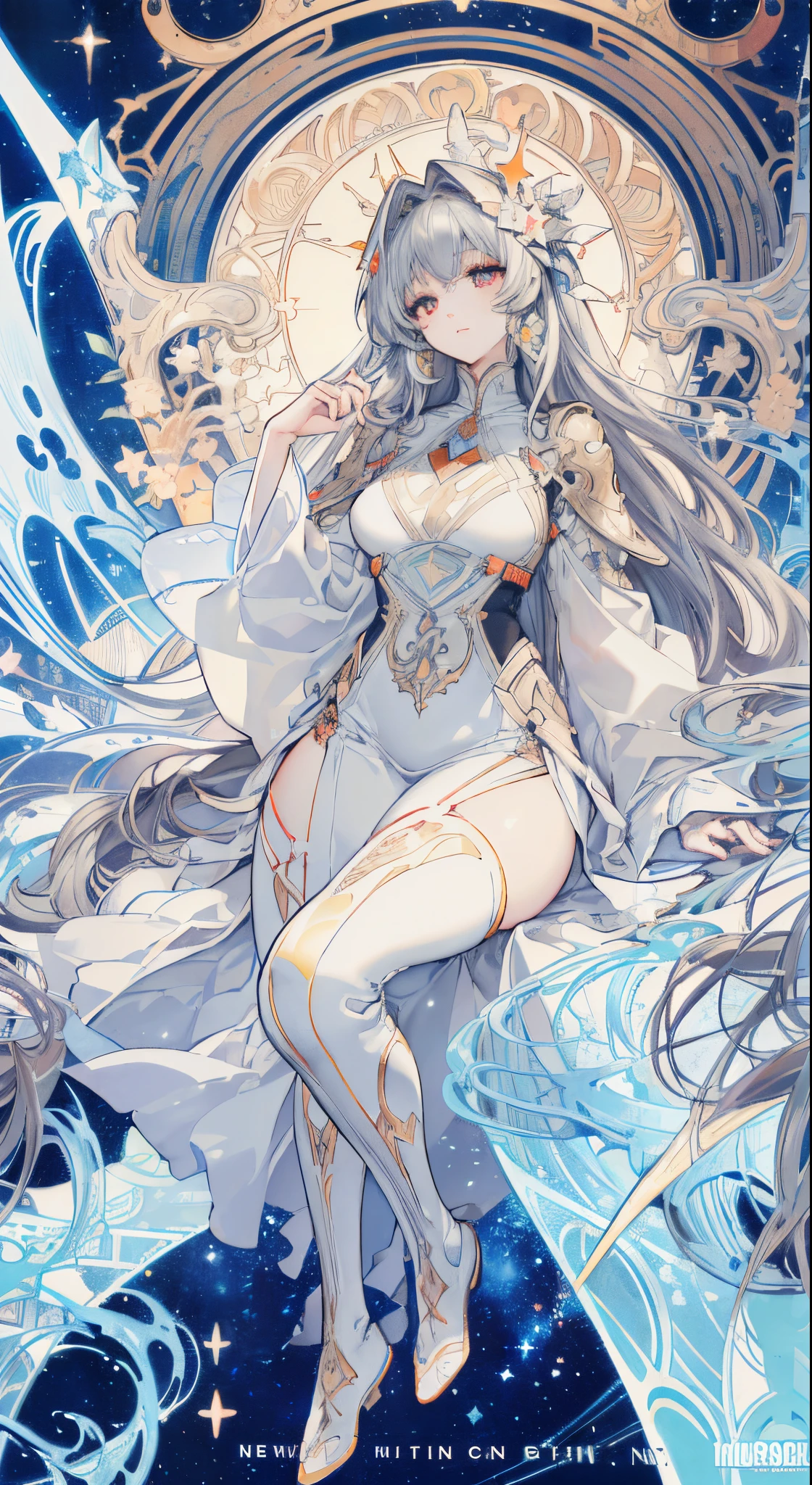 (thick thighs), (Curvy), Sexy, (Gray Hair), (Orange Eyes,) (Glowing Eyes,) 1 girl, Pale Skin, (Two-Tone Eyes), Eyelashes, Smile, Gleaming Skin, Shiny Hair, Long Hair, looking at you, anime, beautiful anime eyes, beautiful detailed eyes, eyes, glittering eyes, (Neon),(White Fencing Outfit, Detailed Outfit), Angelic, Halo, Flowers, (Galaxy, cloud, Starry, stars,colorful), (Sleepy Eye), Decorative panels， abstract artistic， Alphonse Mucha （masterpiece， best quality， A detailed， Complicated details， 4K， Color splattering， Line art， Fibonacci， （tarot cards），Cards