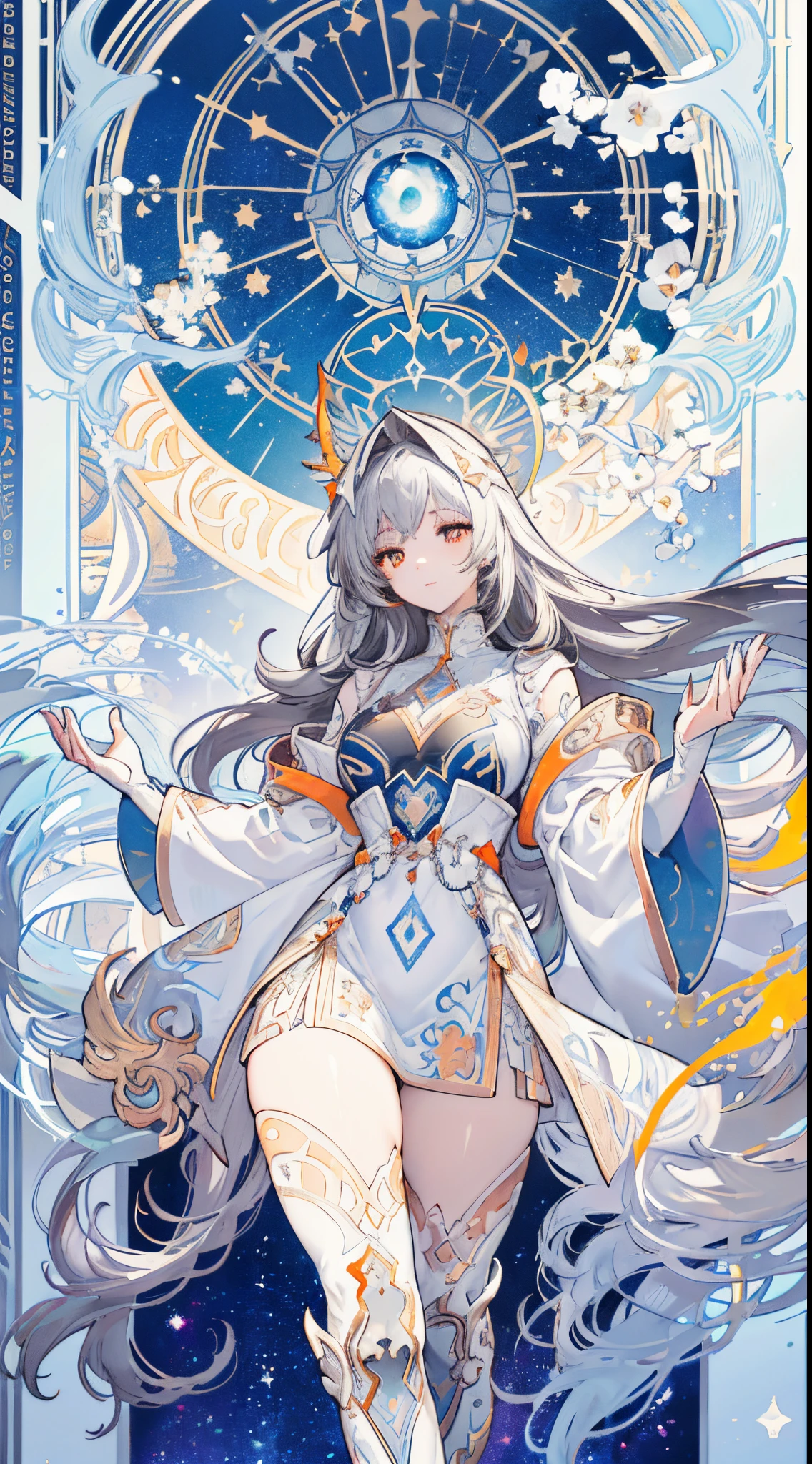 (thick thighs), (Curvy), Sexy, (Gray Hair), (Orange Eyes,) (Glowing Eyes,) 1 girl, Pale Skin, (Two-Tone Eyes), Eyelashes, Smile, Gleaming Skin, Shiny Hair, Long Hair, looking at you, anime, beautiful anime eyes, beautiful detailed eyes, eyes, glittering eyes, (Neon),(White Fencing Outfit, Detailed Outfit), Angelic, Halo, Flowers, (Galaxy, cloud, Starry, stars,colorful), (Sleepy Eye), Decorative panels， abstract artistic， Alphonse Mucha （masterpiece， best quality， A detailed， Complicated details， 4K， Color splattering， Line art， Fibonacci， （tarot cards），Cards, Slim card border