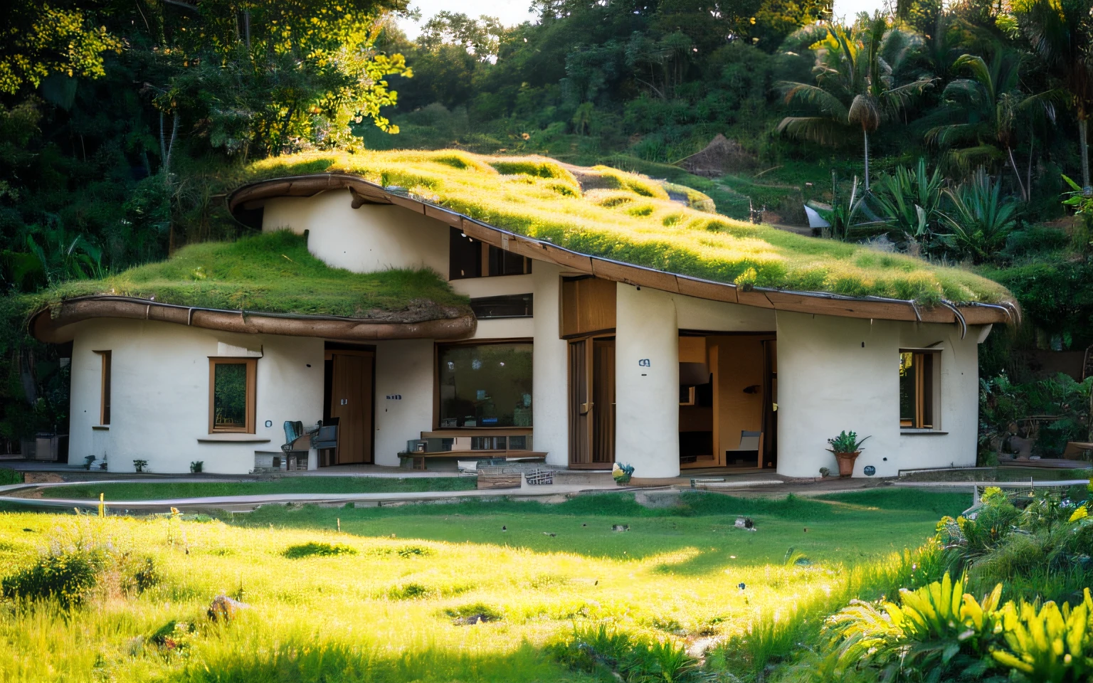 A photograph of a symmetrical contemporary house with (((a hyperbolic paraboloid green roof))) e (((Biological pool))) e ((low wall foundation)) em um quintal tropical, paredes de gesso terracota amarelo mostarda (((rustic clay stucco))), ((paredes de canto arredondadas)), ((Rustic clay plaster)), (((paredes de terracota com cantos arredondados, organic curves))), (((rustic earth plaster, lama))), (((green roof in hyperbolic shape with wooden edge))), (((Estrutura do telhado de madeira, ancinho de madeira, placa de madeira))), beiral, ((telhado com estrutura de madeira)), na Bahia (((jardim tropical))), ((casas naturais, Organic buildings, organic architecture)), ecovila, sustainable architecture, Bioconstruction architecture, arquitetura solarpunk, (((telhado de grama, Telhado Verde, Telhado de Onda Verde, telhado arredondado, telhados vegetados))), (((bedrock foundation wall, foundation height 30cm, parede de base de pedra com 30 cm de altura))), ((arquitetura verde)), Casa passiva, Clear sky in the background, beleza dolorosa, moderno, imponente, casa verde, ((Estilo Hadid do hobbit de Bali)), super resolution, cinemactic, color grading, Fotografia Editorial, fotografia, photo shoot, (((dramatic front eye top angle view))), O 50mm, profundidade de campo, detalhes intrincados, Cores Naturais, foco nítido, luz quente, Velocidade do obturador 1/1000, F/22, White balance, Ray Trace Reflections, Lumen reflections, screen space reflections, diffraction classification, chromatic aberration, Deslocamento de GB, Partial lighting, Backlighting, natural lightting, Linhas de varredura, Ambient occlusion, antialiasing, Shaders, OpenGL-Shaders, GLSL-Shaders, Post-processing, post - production, sombreamento, Mapeamento de tons, incrivelmente detalhado e complexo, hipermaximalista, elegante, hiper-realista, super detalhado, dynamic pose, fujifilm XT |