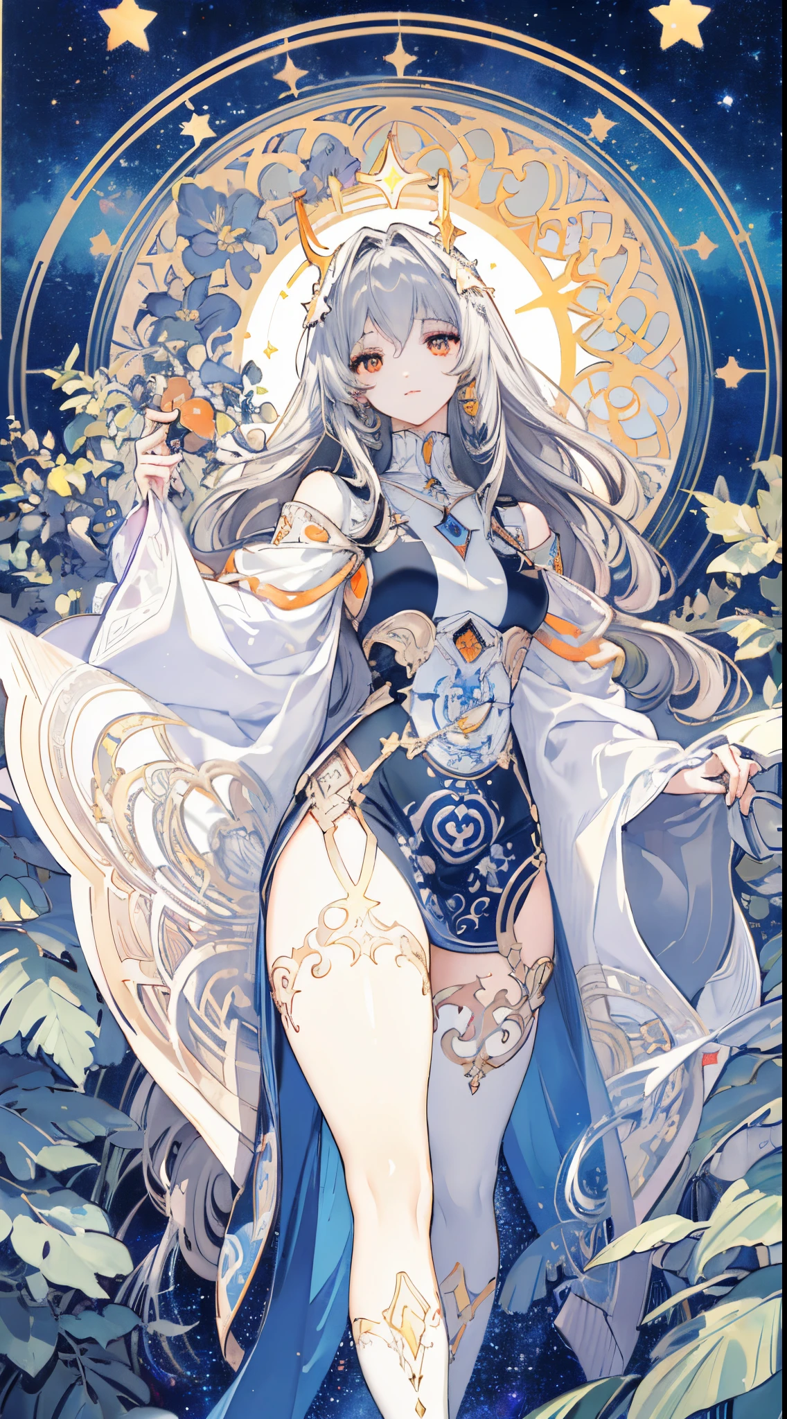 (thick thighs), (Curvy), Sexy, (Gray Hair), (Orange Eyes,) (Glowing Eyes,) 1 girl, Pale Skin, (Two-Tone Eyes), Eyelashes, Smile, Gleaming Skin, Shiny Hair, Long Hair, looking at you, anime, beautiful anime eyes, beautiful detailed eyes, eyes, glittering eyes, (Neon),(White Fencing Outfit, Detailed Outfit), Angelic, Halo, Flowers, (Galaxy, cloud, Starry, stars,colorful), (Sleepy Eye), Decorative panels， abstract artistic， Alphonse Mucha （masterpiece， best quality， A detailed， Complicated details， 4K， Color splattering， Line art， Fibonacci， （tarot cards），Cards, Slim card border