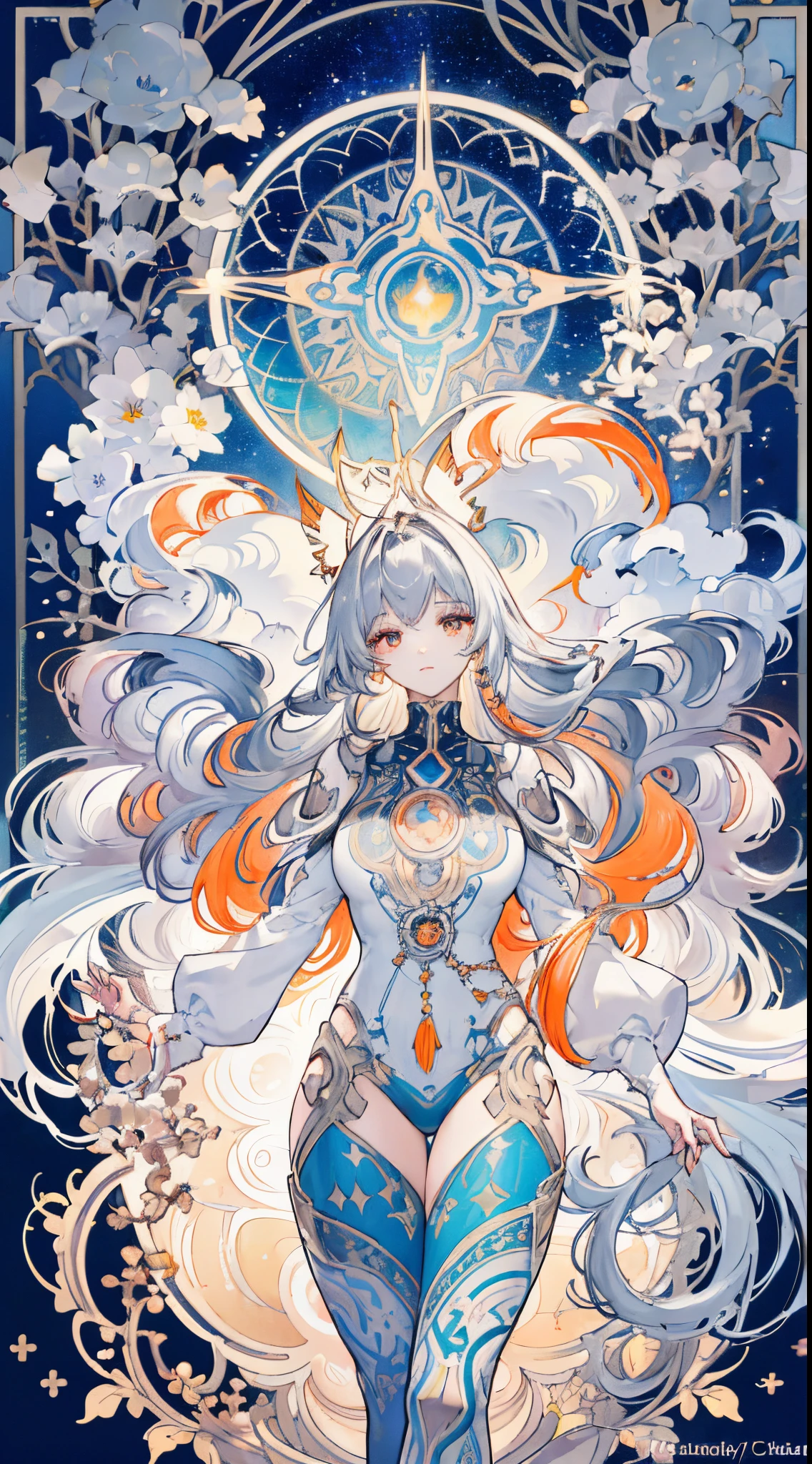 (thick thighs), (Curvy), Sexy, (Gray Hair), (Orange Eyes,) (Glowing Eyes,) 1 girl, Pale Skin, (Two-Tone Eyes), Eyelashes, Smile, Gleaming Skin, Shiny Hair, Long Hair, looking at you, anime, beautiful anime eyes, beautiful detailed eyes, eyes, glittering eyes, (Neon),(White Fencing Outfit, Detailed Outfit), Angelic, Halo, Flowers, (Galaxy, cloud, Starry, stars,colorful), (Sleepy Eye), Decorative panels， abstract artistic， Alphonse Mucha （masterpiece， best quality， A detailed， Complicated details， 4K， Color splattering， Line art， Fibonacci， （tarot cards），Cards, Slim card border