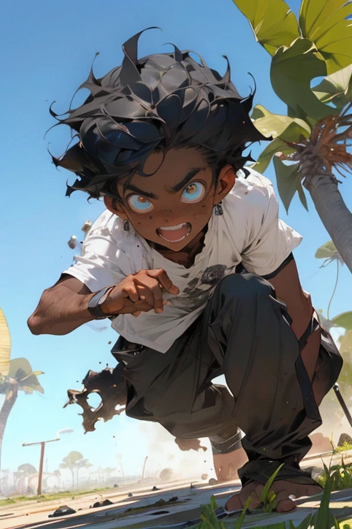 Garoto negro,olhos vermelhos,casaco preto,white pant,destroyed landscape