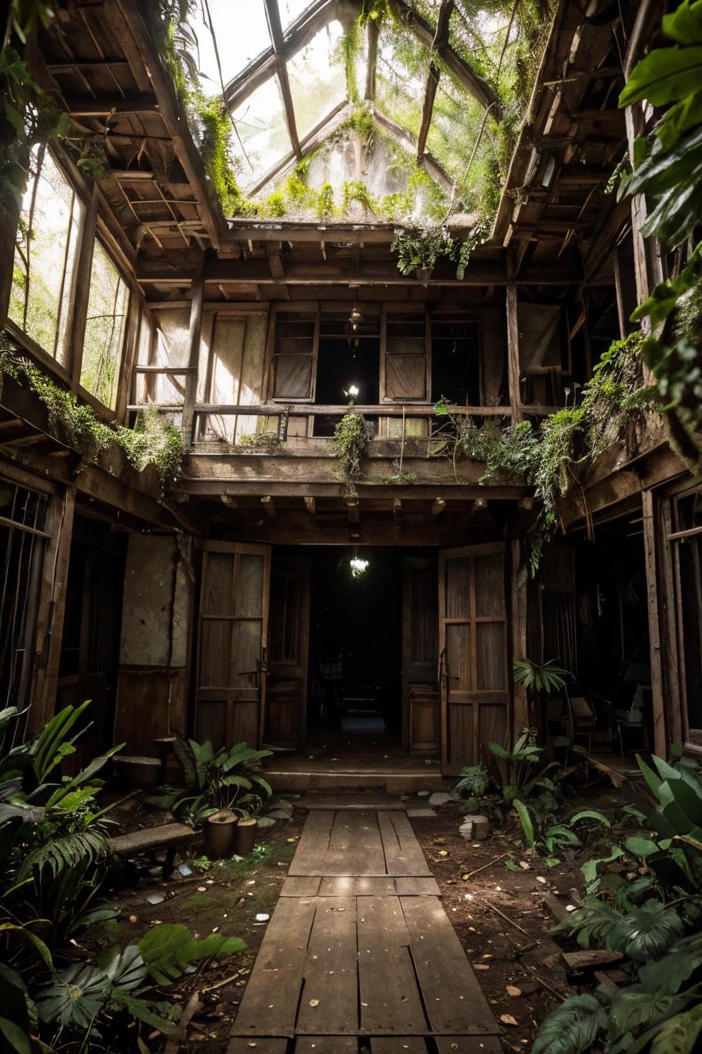 junglepunk-house,junglepunk style,dilapidated old house in the middle of a dense jungle,detailed moss-covered walls,vibrant overgrowth of exotic plants,giant tree roots entwined with the structure,rich color palette with lush greens, earthy browns and pops of vibrant flowers,natural light streaming through the dense foliage,shadows dancing on the worn-out wooden floorboards,atmospheric mist adding a sense of mystery and intrigue,overgrown vines hanging from the ceiling,an abandoned swing covered in vines and foliage,stained glass windows with intricate patterns letting fragments of colored light into the interior,dusty old furniture covered in vines,an air of faded grandeur blending with the wilderness,outside, a path leads deeper into the jungle, beckoning adventurers to explore the unknown,inside, the remnants of a forgotten era coexist with the untamed beauty of nature,the house evokes a sense of nostalgia and wonder, a hidden gem amidst the wildness of the jungle,translating the contrast between wilderness and human civilization in a unique fusion of punk aesthetics and natural beauty.(best quality,ultra-detailed,professional),HDR lighting for a surreal atmosphere
